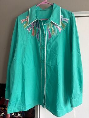 Vintage Bob Mackie Wearable Art Teal Western Ribbon Shirt - XL